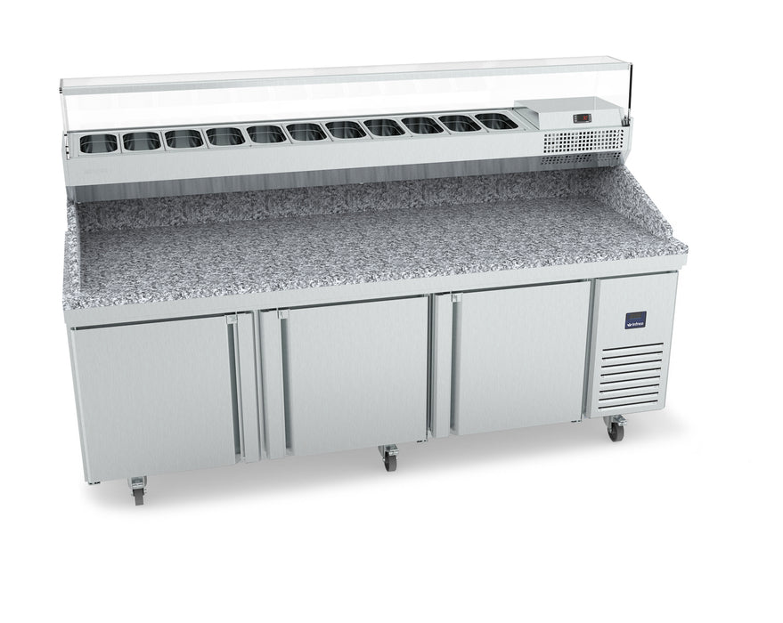 Infrico USA IRT-MR93-GTCOMBO Granite Top Pizza Prep Table, Two Sections, Solid Doors + Ingredient Case