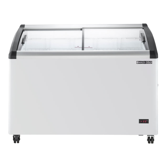 Maxx Cold Curved Glass Top Chest Freezer Display, 47.4"W, 8.62 cu. ft. Storage Capacity, Equipped with (5) Wire Baskets, in White (MXF48CHC-5)