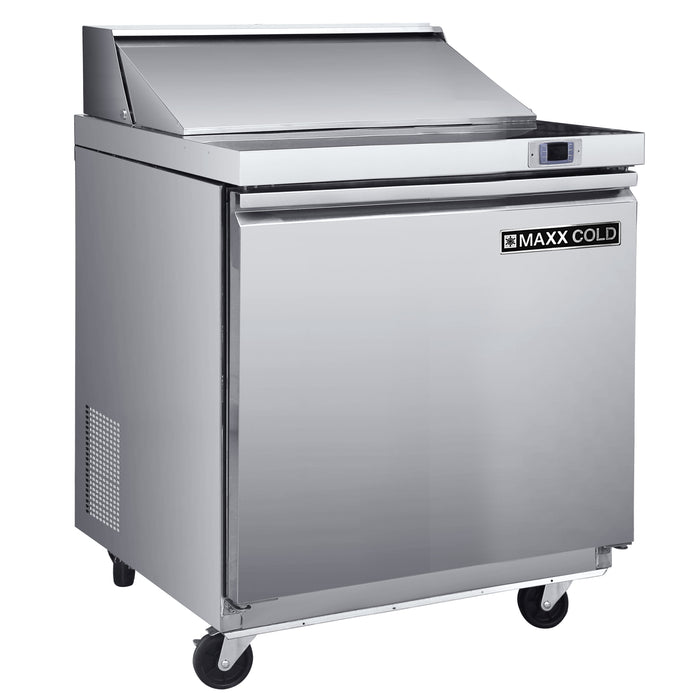 Maxx Cold One-Door Refrigerated Sandwich and Salad Prep Station, 29"W, 7.59 cu, ft. Storage Capacity, Equipped with (4) 4" Deep Pans and Cutting Board, in Stainless Steel (MXSR29SHC)