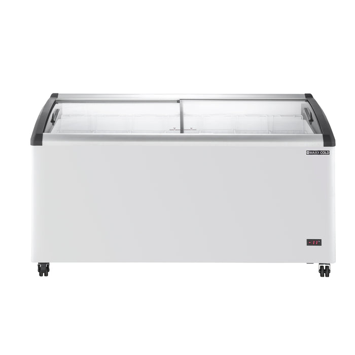 Maxx Cold Curved Glass Top Chest Freezer Display, 63.4"W, 12.36 cu. ft. Storage Capacity, Equipped with (7) Wire Baskets, in White (MXF64CHC-7)