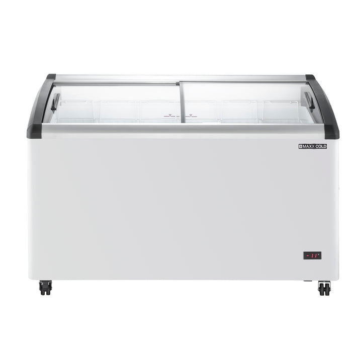 Maxx Cold Curved Glass Top Chest Freezer Display, 53.2"W, 9.96 cu. ft. Storage Capacity, Equipped with (6) Wire Baskets, in White (MXF54CHC-6)