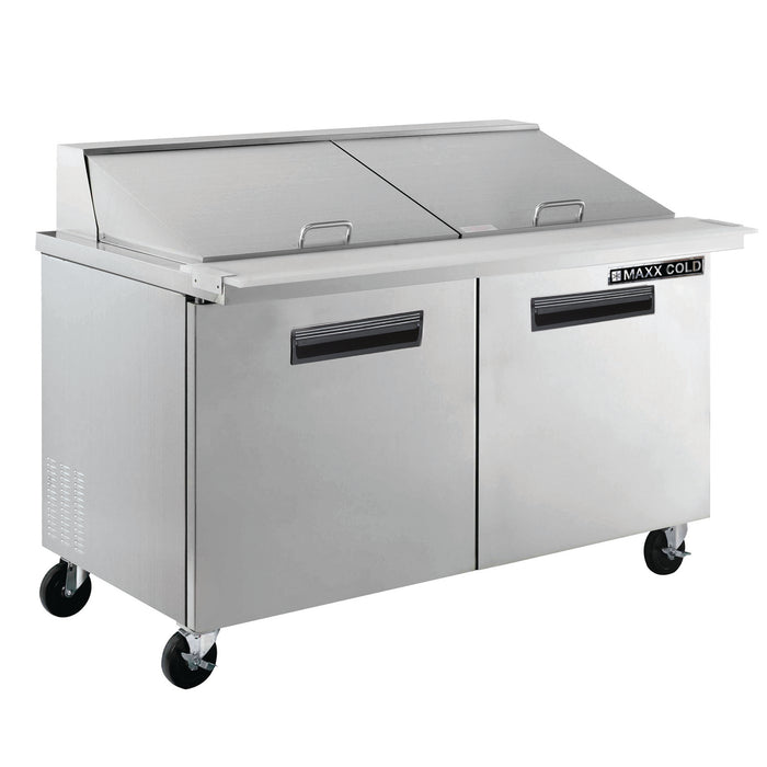 Maxx Cold Two-Door Refrigerated Megatop Prep Unit, 61"W, 15.5 cu. ft. Storage Capacity, Equipped with (24) 4" Deep Pans and Cutting Board, in Stainless Steel (MXCR60MHC)