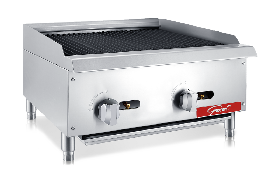 General Foodservice Lava Rock Charbroiler, 2 Burners, 70,000 BTU's, 24", in Stainless Steel (GCCB-24NG)