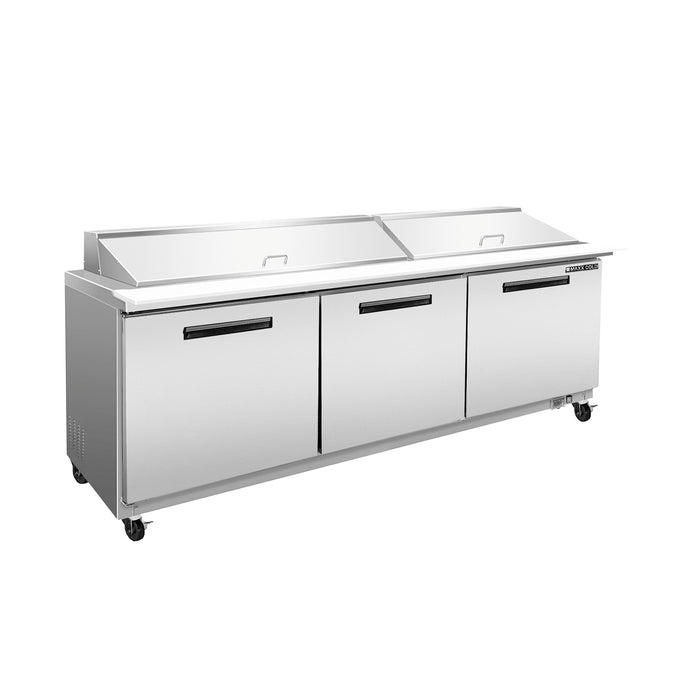 Maxx Cold Three-Door Refrigerated Sandwich and Salad Prep Station, 71.7"W, 18 cu. ft. Storage Capacity, Equipped with (18) 4” Deep Pans and Cutting Board, in Stainless Steel (MXCR72SHC)