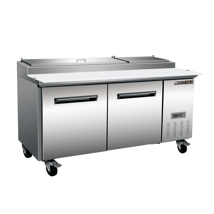 Maxx Cold Two-Door Refrigerated Pizza Prep Table, 70.8”W, 22 cu. ft. Storage Capacity, Equipped with (9) 4” Deep Pans and Cutting Board, in Stainless Steel (MXCPP70HC)