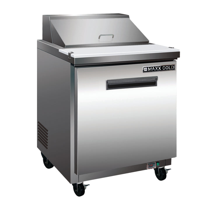 Maxx Cold One-Door Refrigerated Megatop Prep Unit, 29"W, 7 cu. ft. Storage Capacity, Equipped with (12) 4" Deep Pans and Cutting Board, in Stainless Steel (MXCR29MHC)