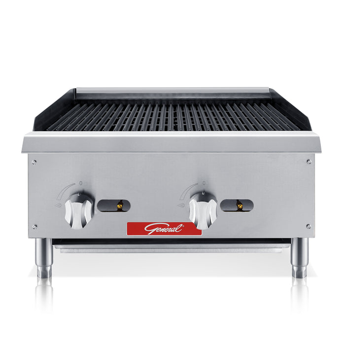 General Foodservice Charbroiler Grill, 2 Burners, 100,000 BTU's, 24", in Stainless Steel (GCRB-24NG)