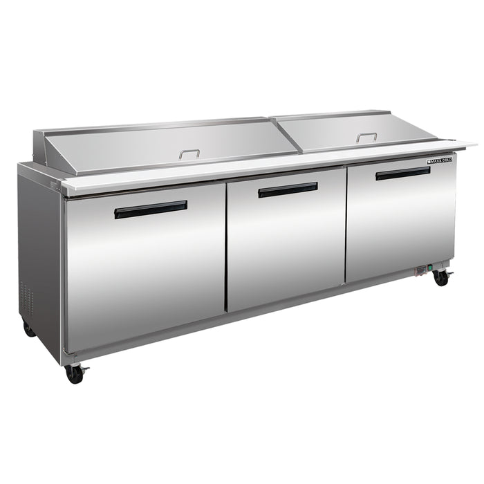 Maxx Cold Three-Door Refrigerated Megatop Prep Unit, 72"W, 18 cu. ft. Storage Capacity, Equipped with (27) 4" Deep Pans and Cutting Board, in Stainless Steel (MXCR72MHC)