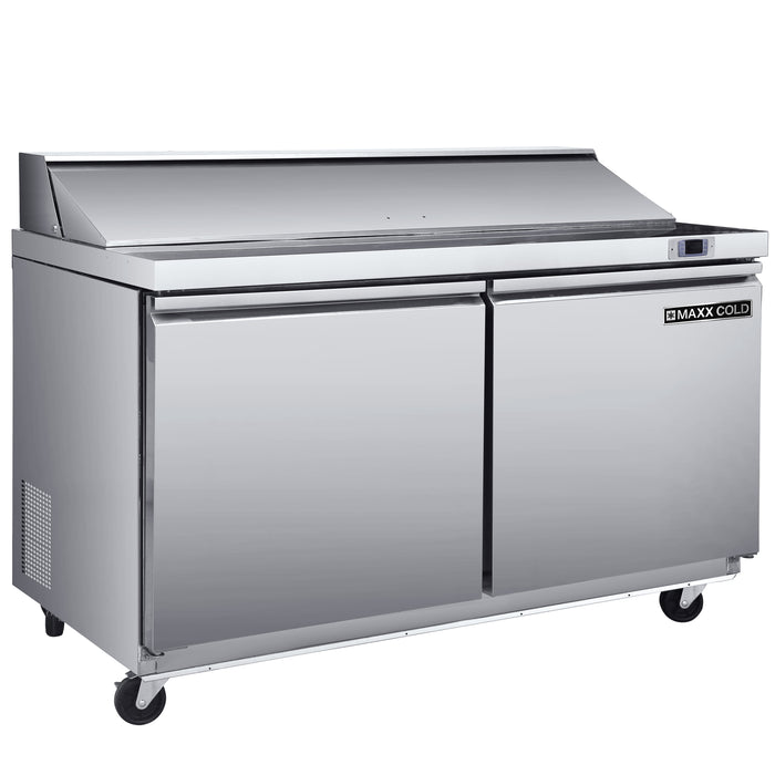 Maxx Cold Two-Door Refrigerated Sandwich and Salad Prep Station, 48.4"W, 13.77 cu. ft. Storage Capacity, Equipped with (6) 4" Deep Pans and Cutting Board, in Stainless-Steel (MXSR48SHC)