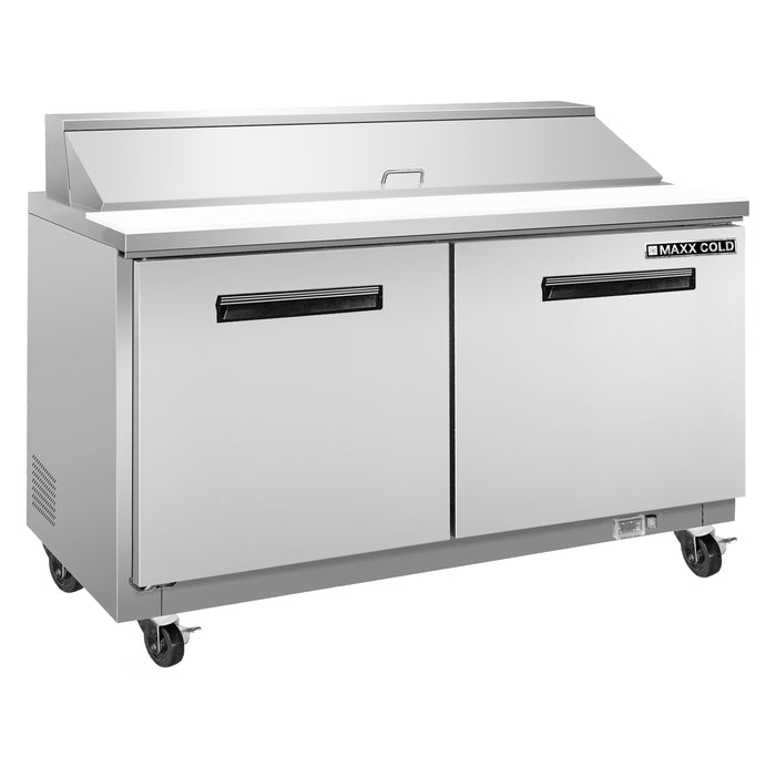 Maxx Cold Two-Door Refrigerated Sandwich and Salad Prep Station, 61"W, 15.5. cu. ft. Storage Capacity, Equipped with (16) 4” Deep Pans and Cutting Board, in Stainless Steel (MXCR60SHC)