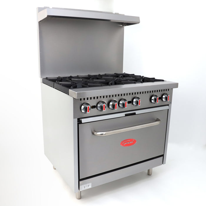 General Foodservice Gas Range with Oven, 6 Burners, 180,000 BTU, 36", in Stainless Steel (GR4-36NG)