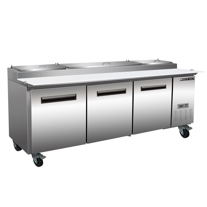 Maxx Cold Three-Door Refrigerated Pizza Prep Table, 94.2”W, 32 cu. ft. Storage Capacity, Equipped with (12) 4” Deep Pans and Cutting Board, in Stainless Steel (MXCPP92HC)